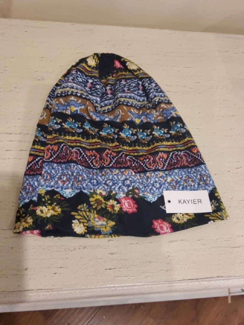 Kayier Jemis Floral Stripe Beanie - Navy with Pink & Yellow Accents - NWT